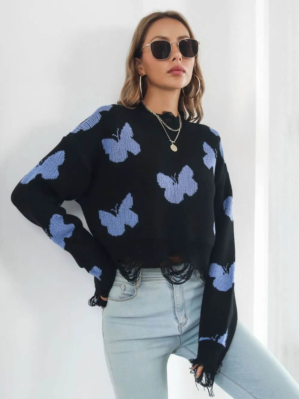 Distressed Butterfly Cropped Sweater - MAD RUFFI