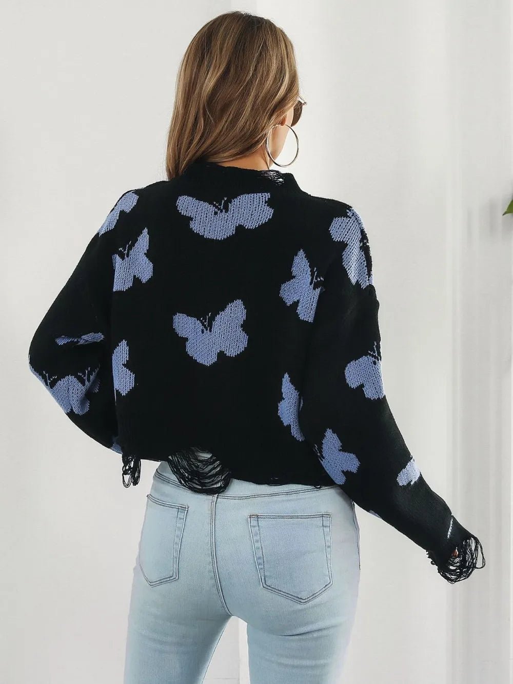 Distressed Butterfly Cropped Sweater - MAD RUFFI