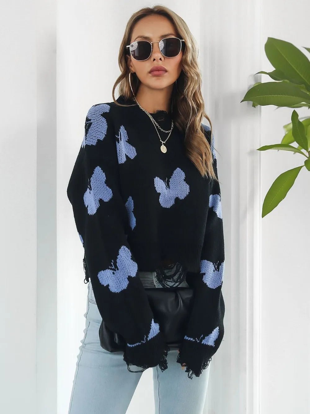 Distressed Butterfly Cropped Sweater - MAD RUFFI