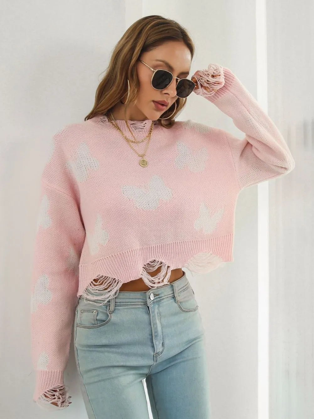Distressed Butterfly Cropped Sweater - MAD RUFFI