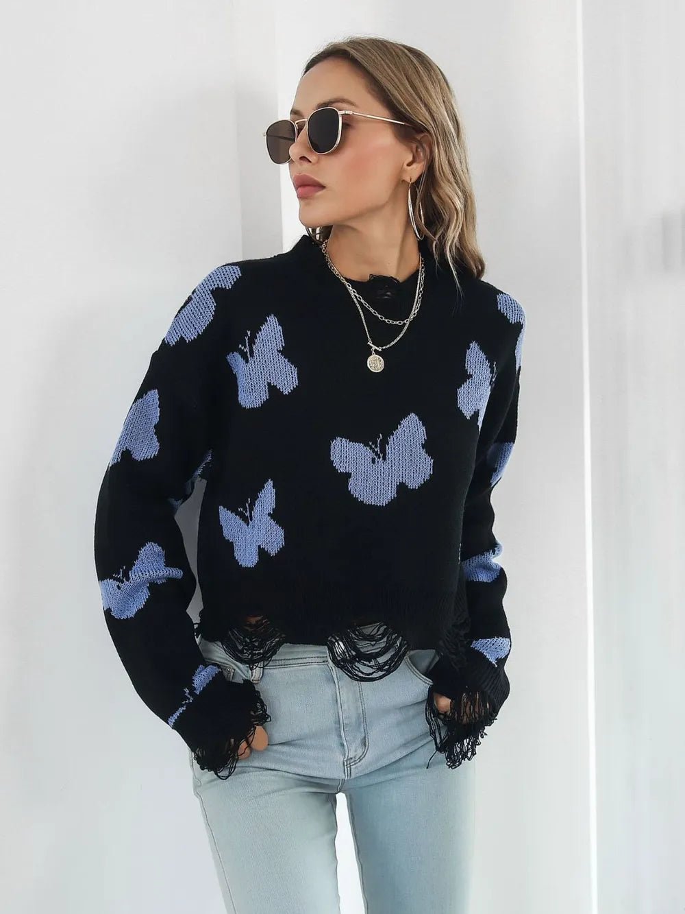 Distressed Butterfly Cropped Sweater - MAD RUFFI