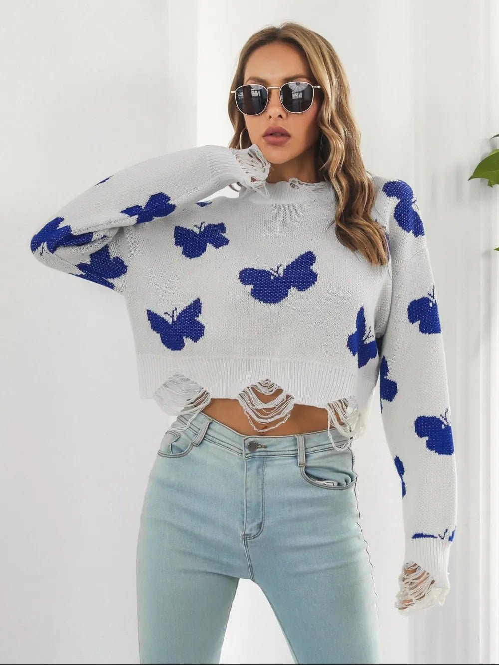 Distressed Butterfly Cropped Sweater - MAD RUFFI