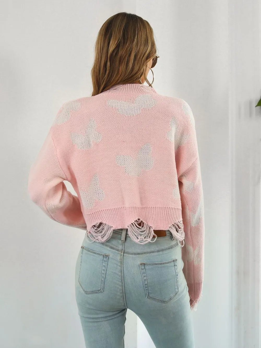 Distressed Butterfly Cropped Sweater - MAD RUFFI