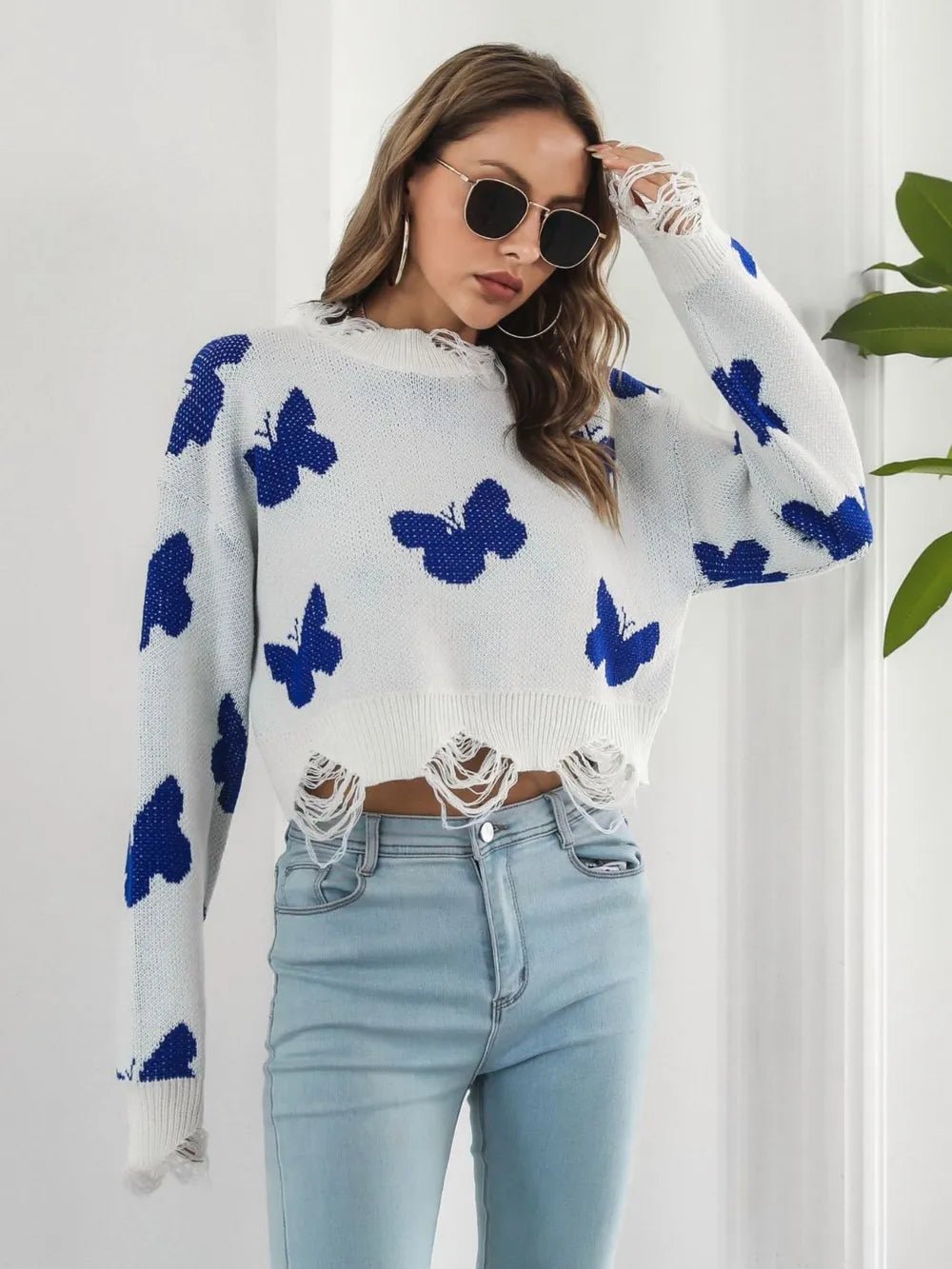 Distressed Butterfly Cropped Sweater - MAD RUFFI
