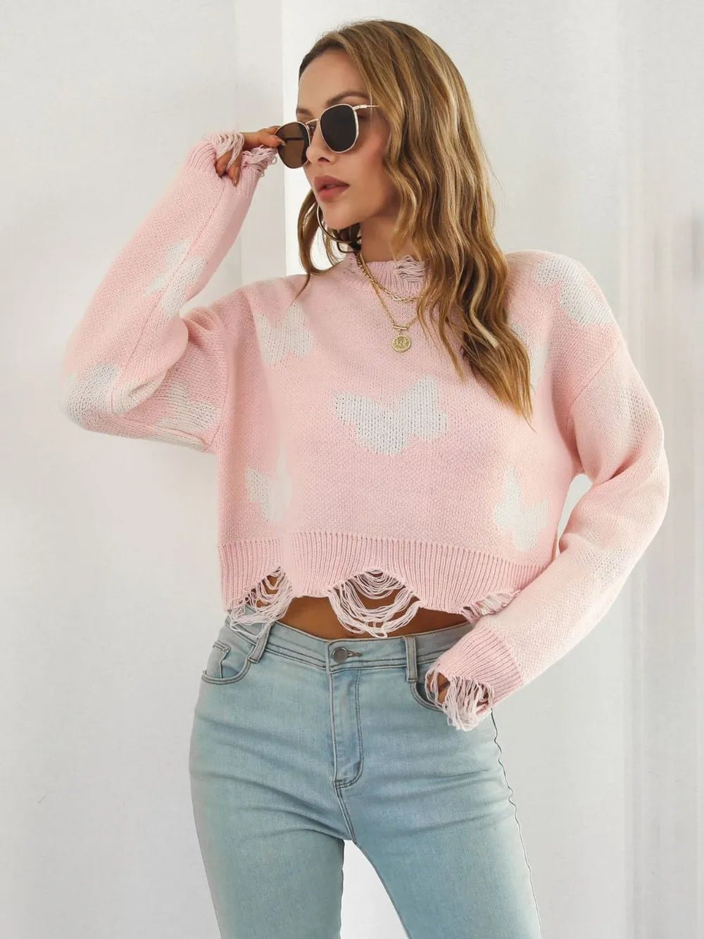 Distressed Butterfly Cropped Sweater - MAD RUFFI