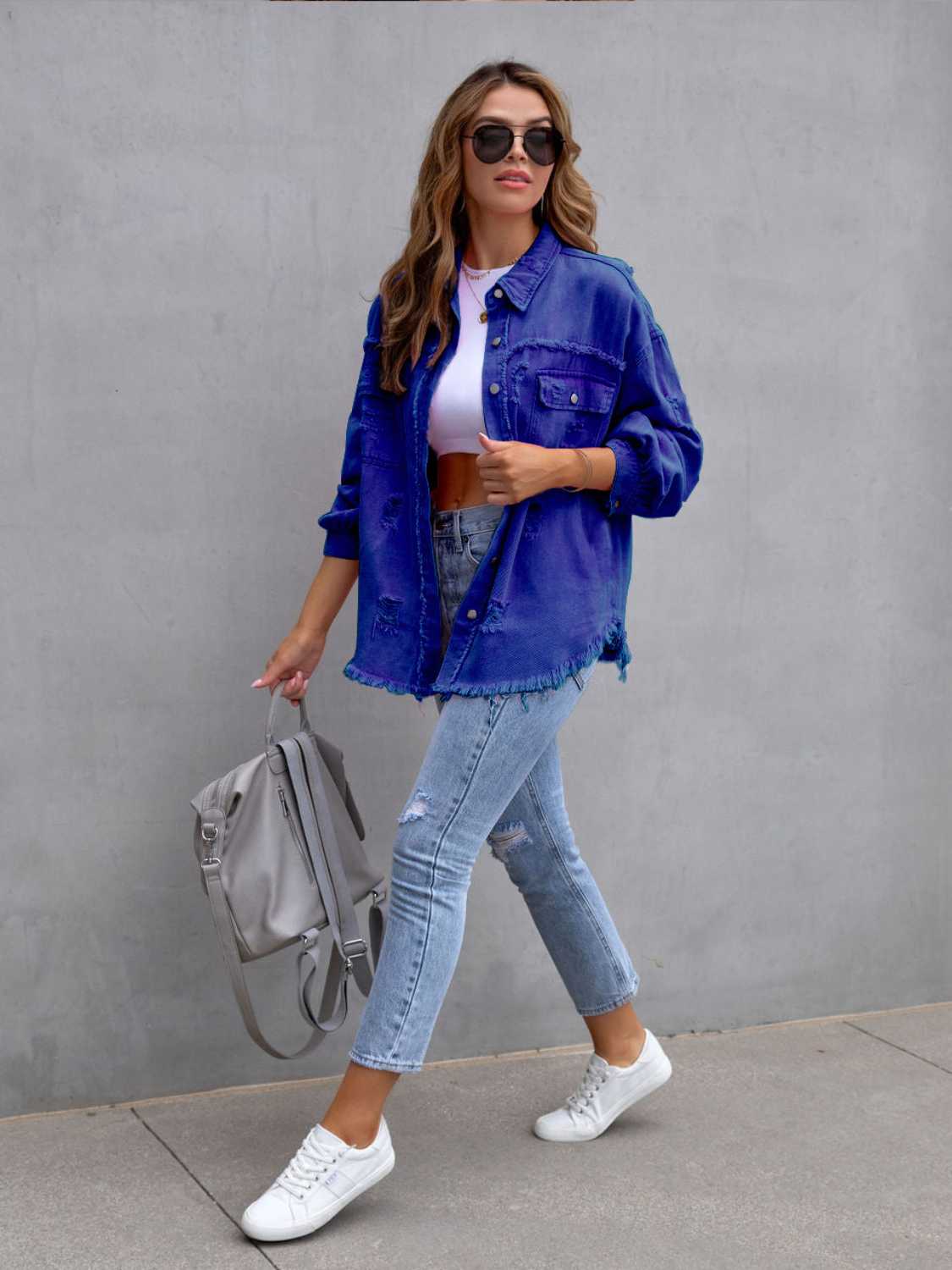 Distressed Drop Shoulder Denim Jacket - MAD RUFFI