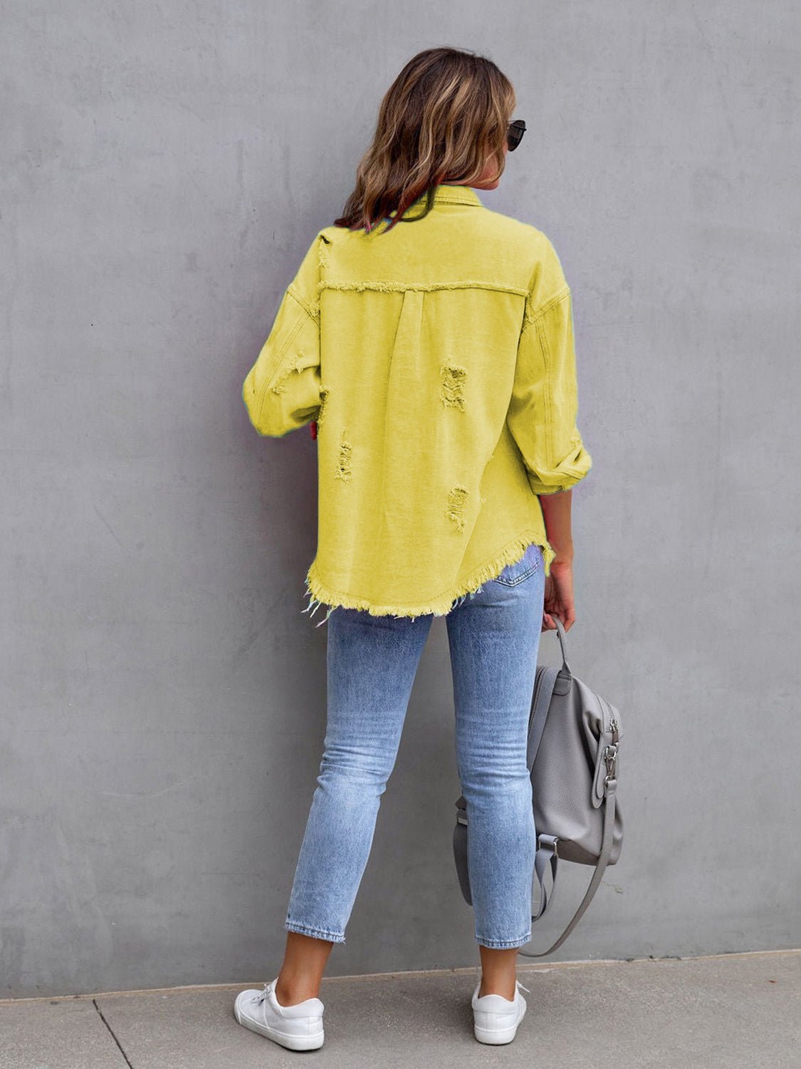 Distressed Drop Shoulder Denim Jacket - MAD RUFFI