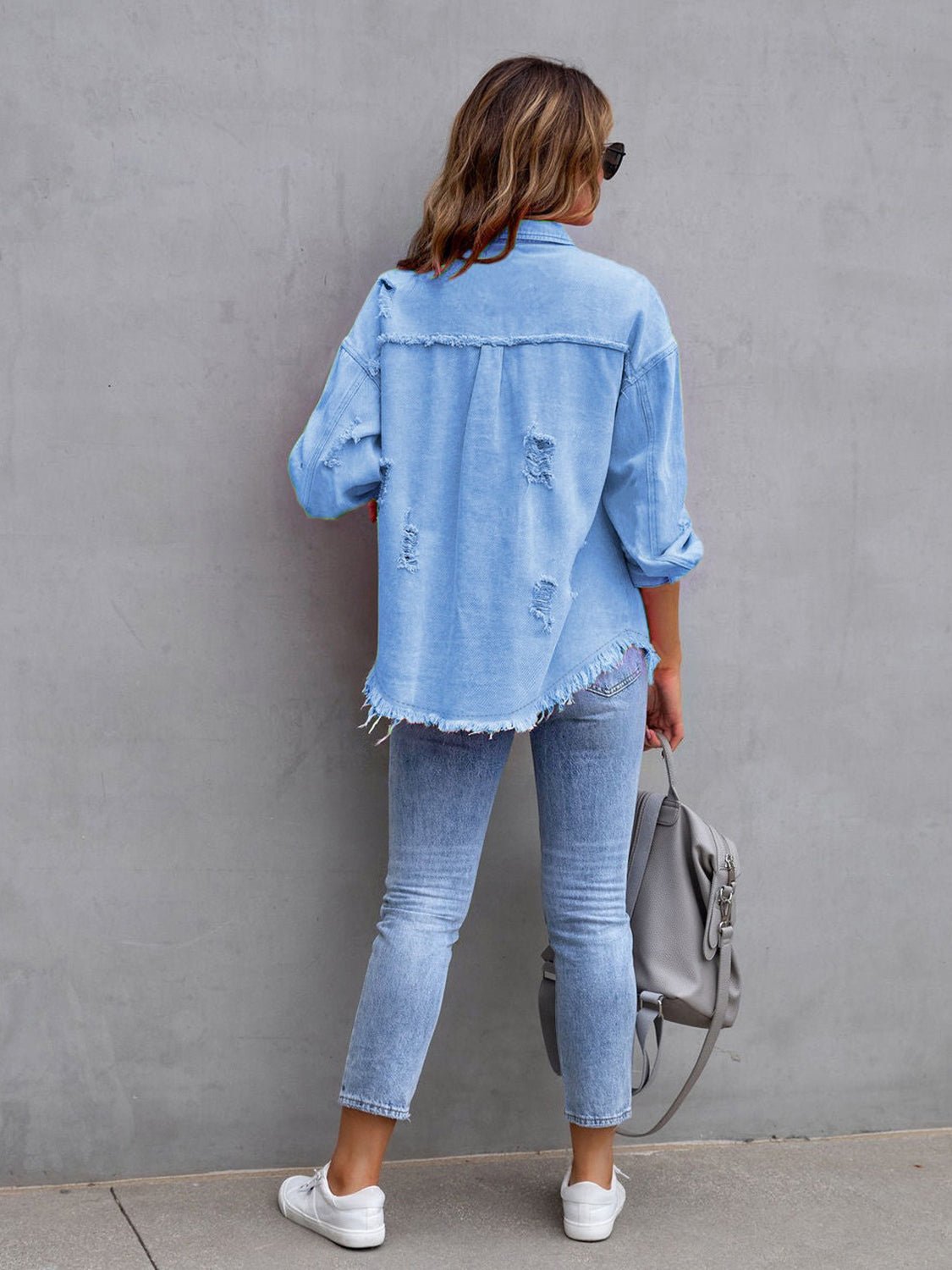 Distressed Drop Shoulder Denim Jacket - MAD RUFFI