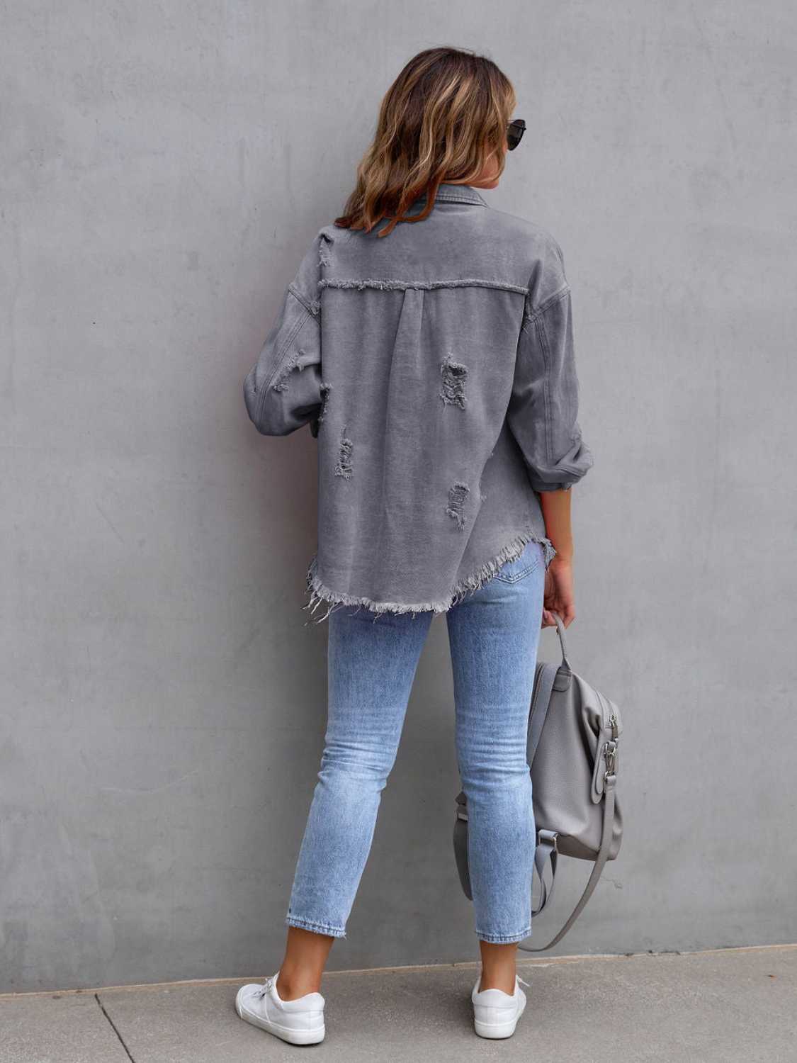 Distressed Drop Shoulder Denim Jacket - MAD RUFFI