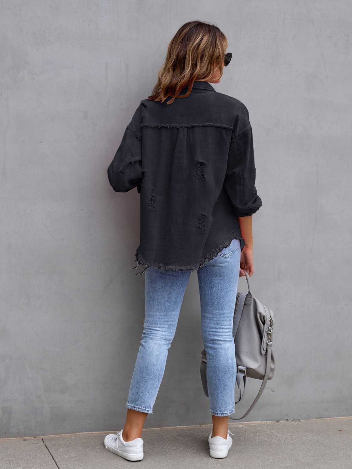 Distressed Drop Shoulder Denim Jacket - MAD RUFFI