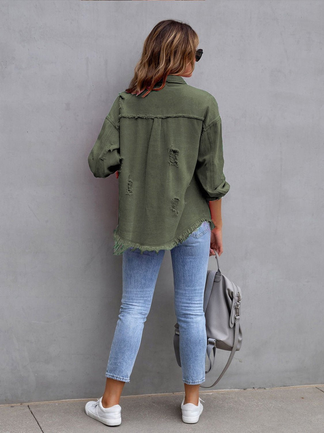 Distressed Drop Shoulder Denim Jacket - MAD RUFFI