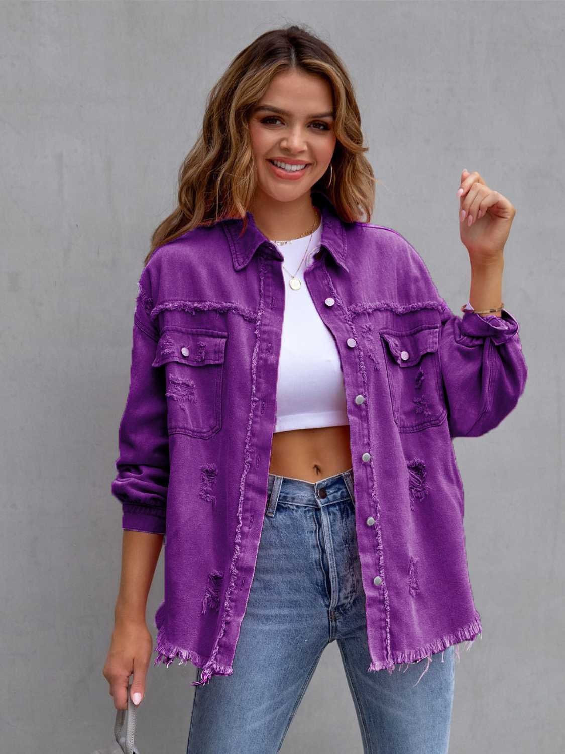 Distressed Drop Shoulder Denim Jacket - MAD RUFFI
