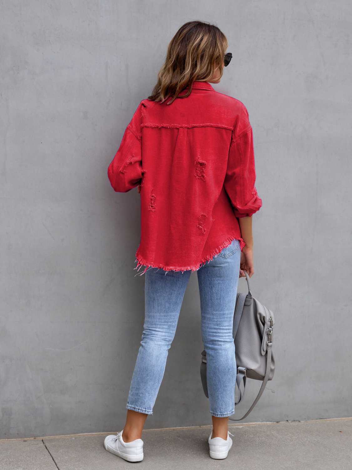Distressed Drop Shoulder Denim Jacket - MAD RUFFI