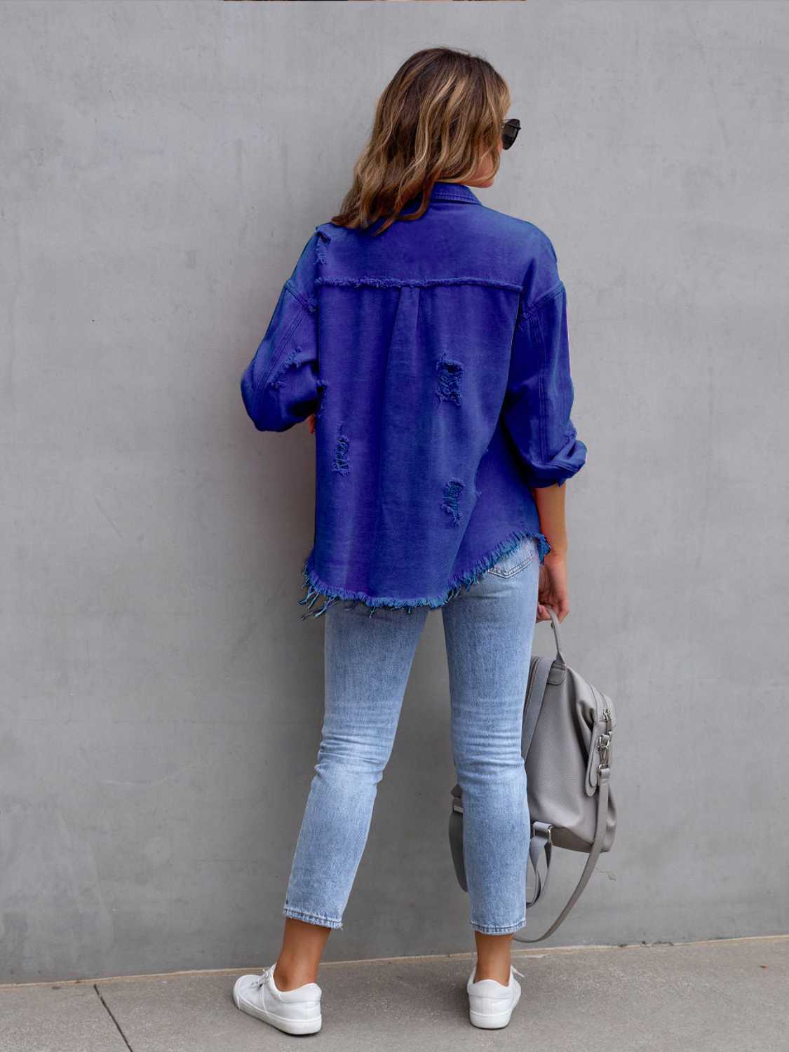 Distressed Drop Shoulder Denim Jacket - MAD RUFFI