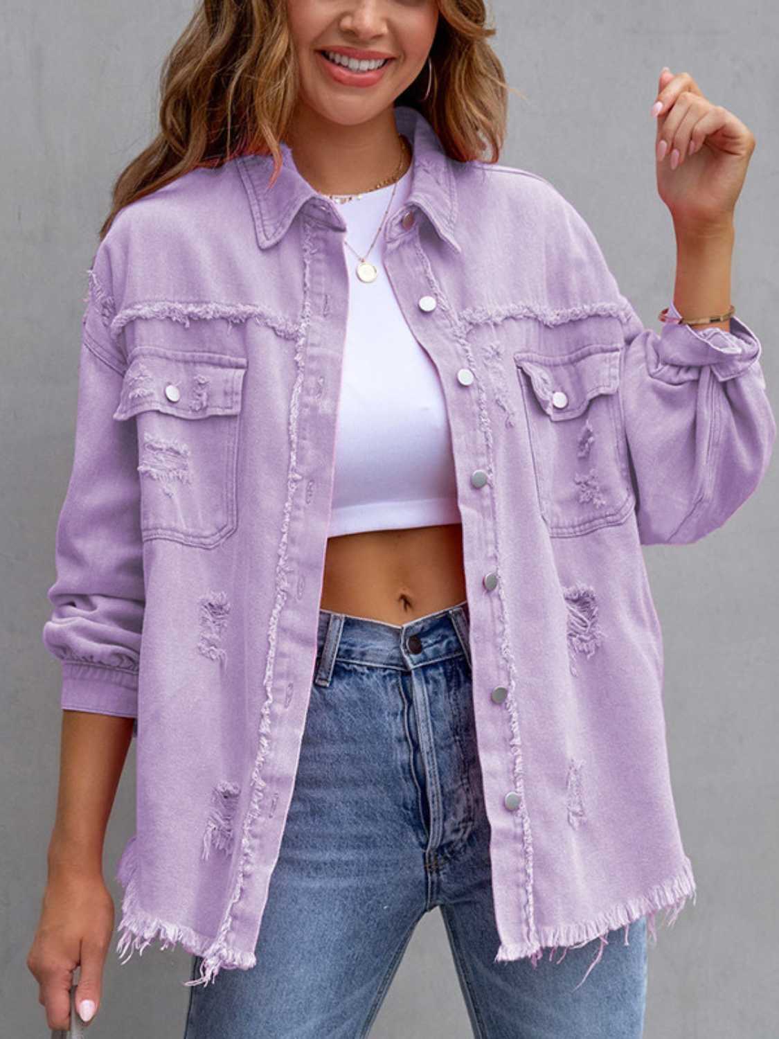 Distressed Drop Shoulder Denim Jacket - MAD RUFFI