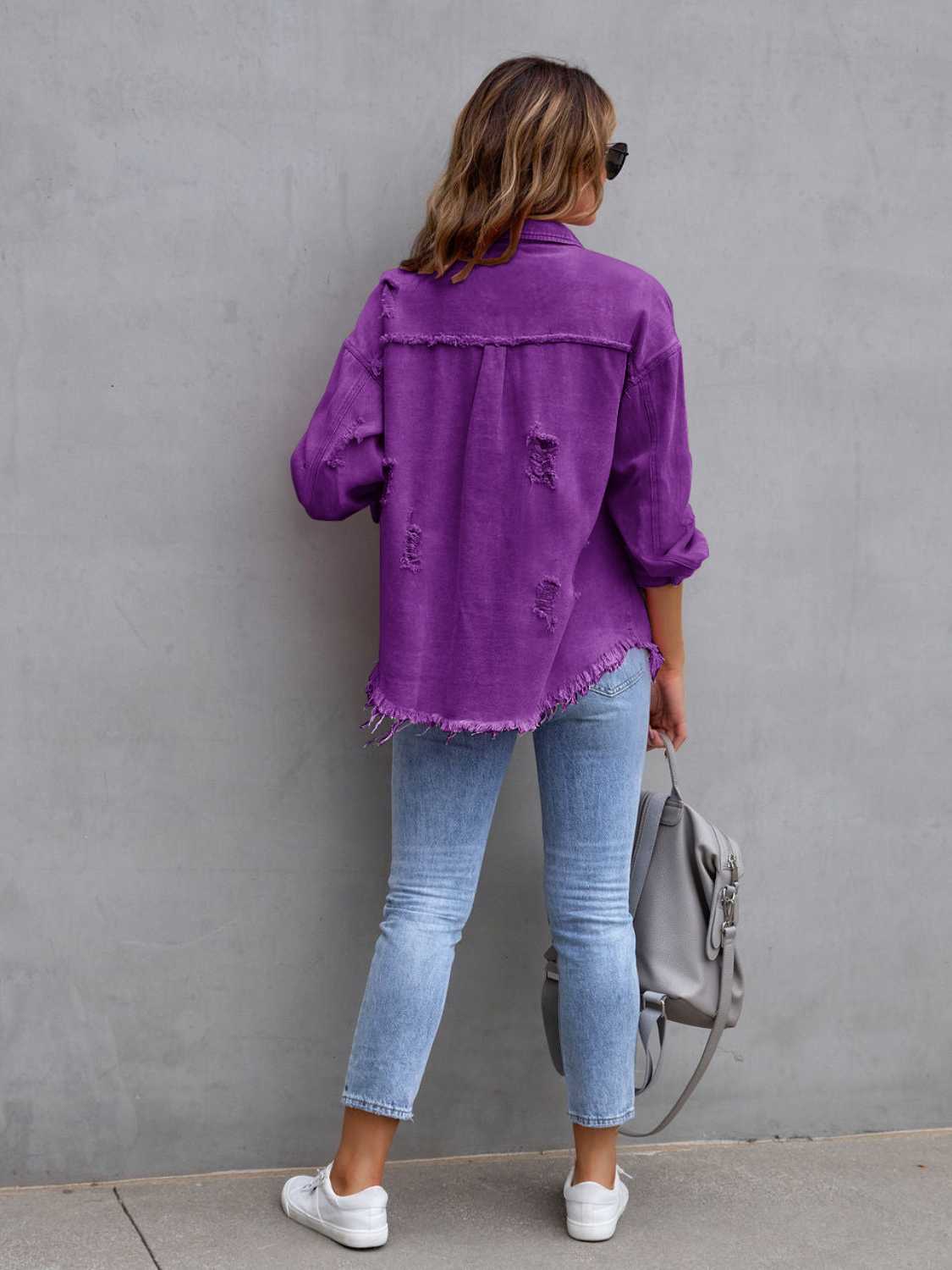 Distressed Drop Shoulder Denim Jacket - MAD RUFFI