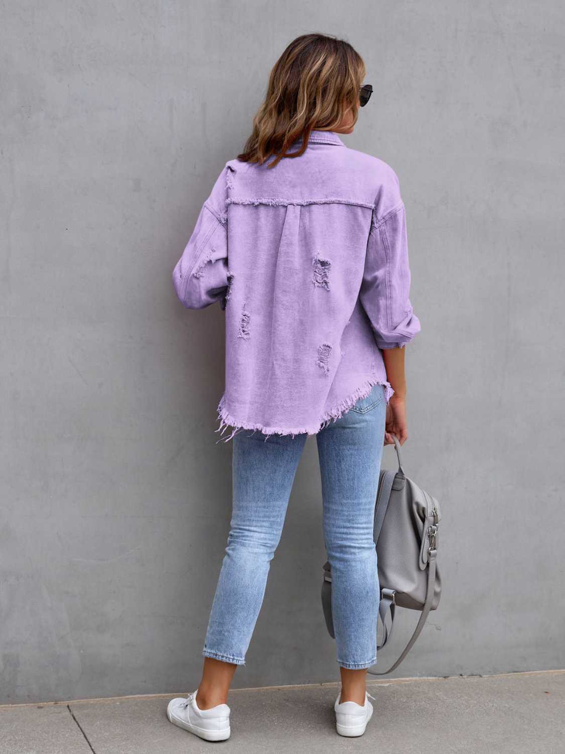 Distressed Drop Shoulder Denim Jacket - MAD RUFFI