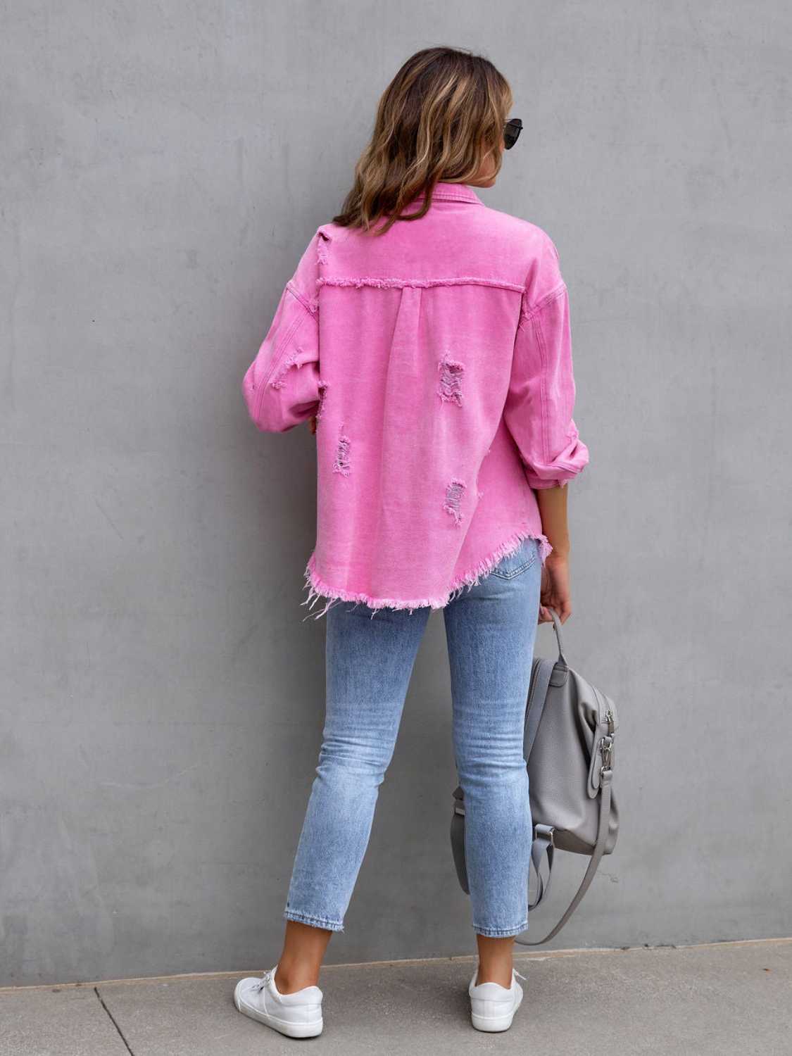Distressed Drop Shoulder Denim Jacket - MAD RUFFI