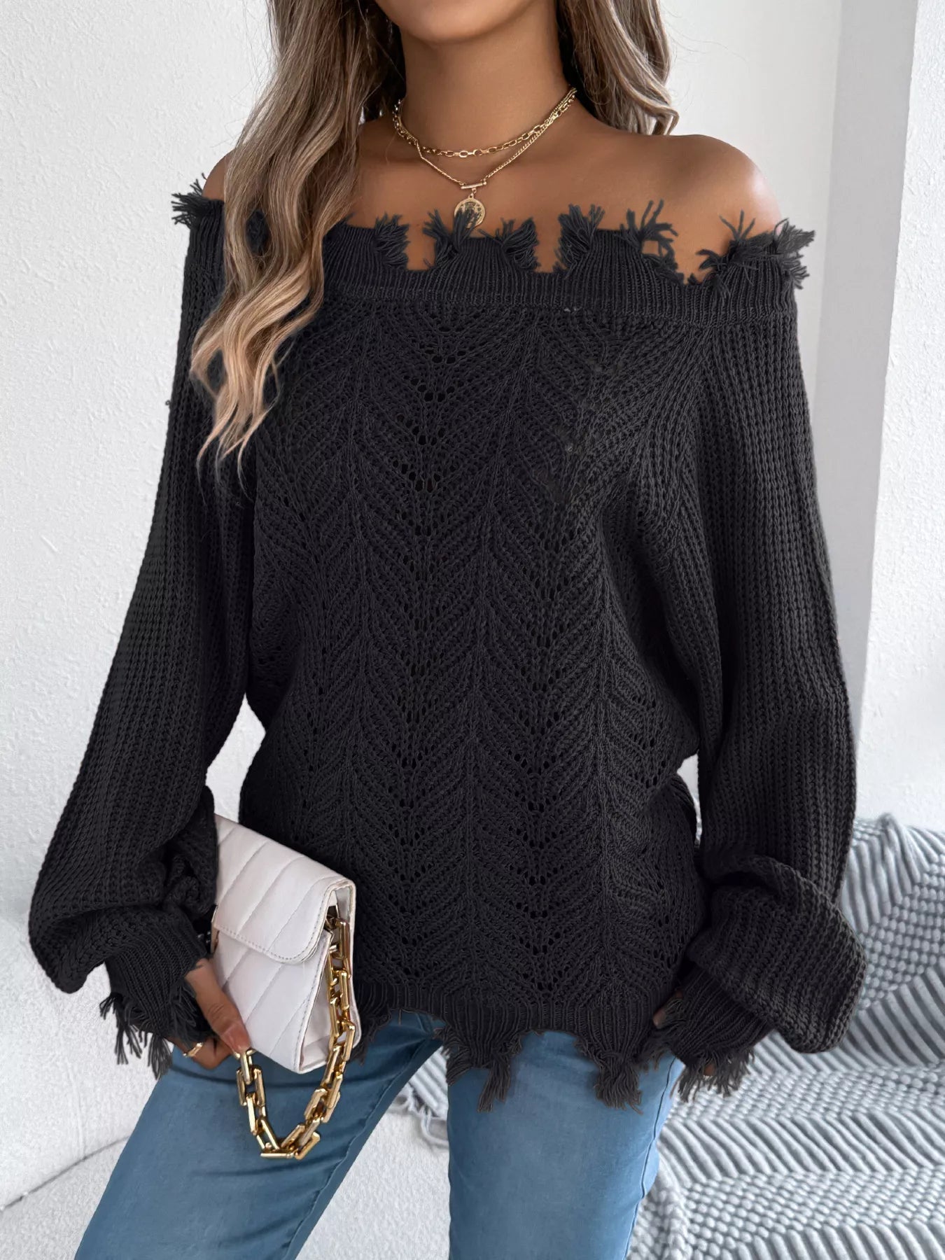Distressed Hem Openwork Off - Shoulder Sweater - MAD RUFFI