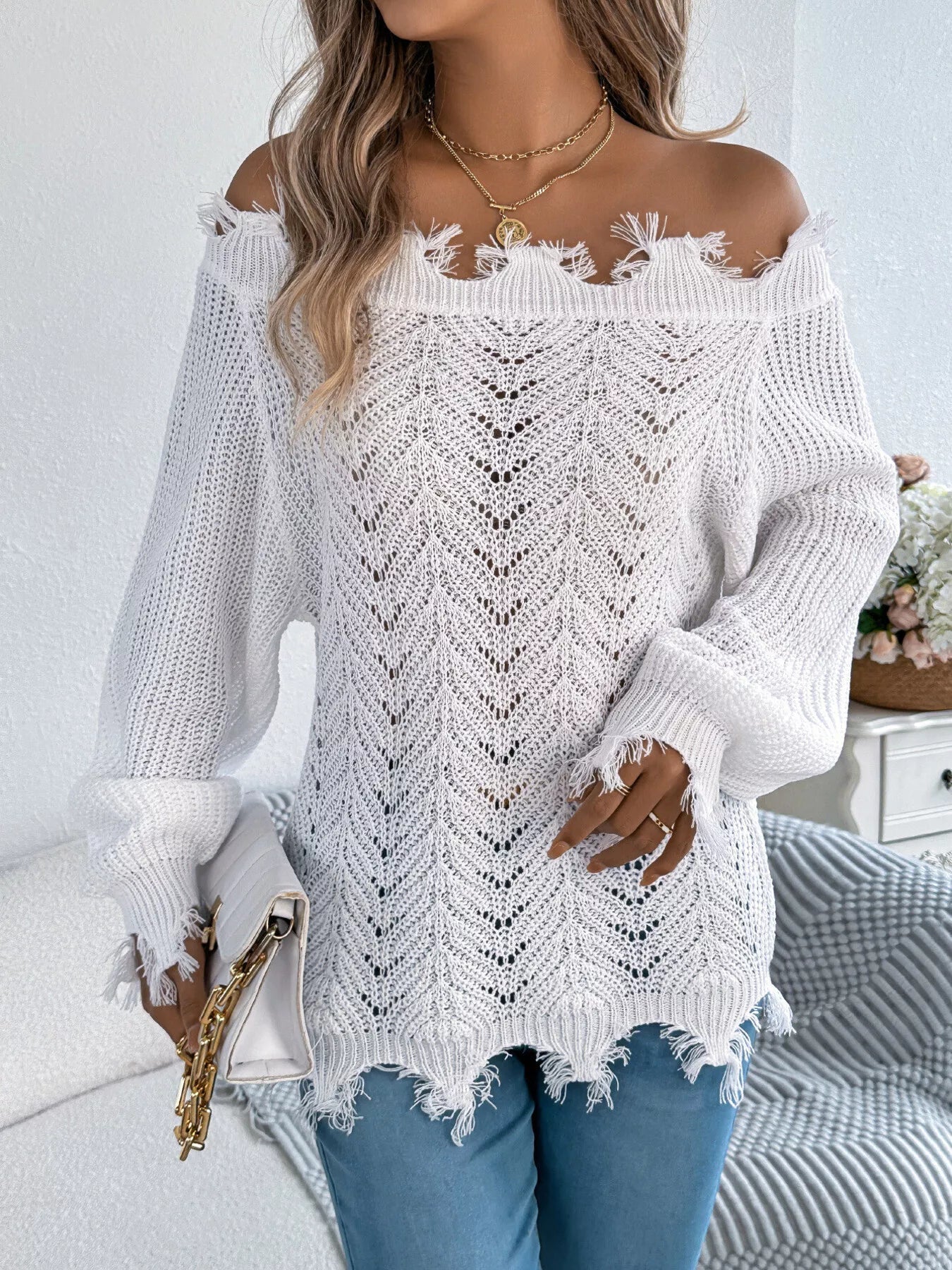 Distressed Hem Openwork Off - Shoulder Sweater - MAD RUFFI