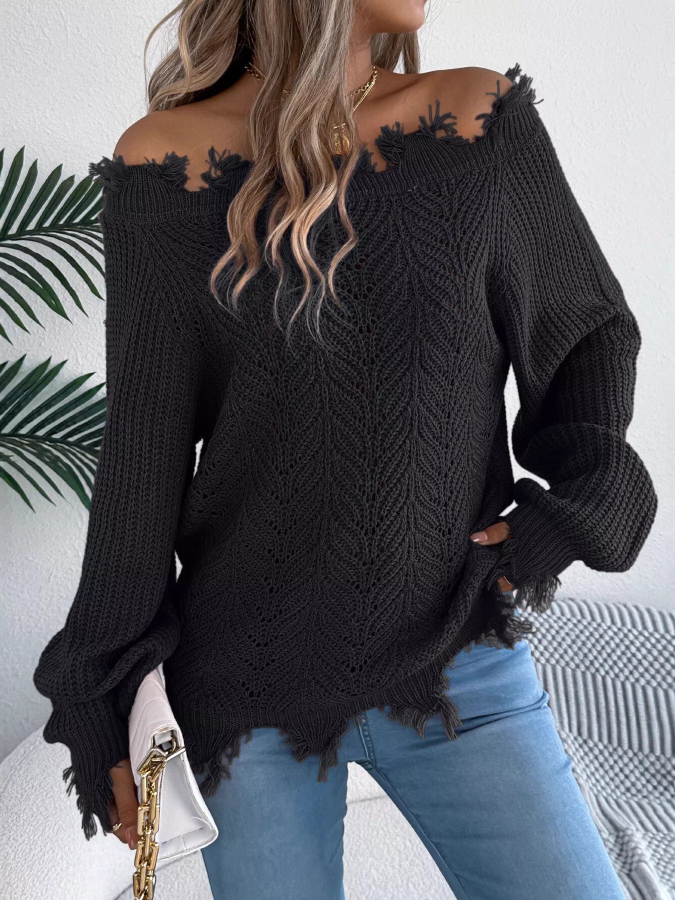 Distressed Hem Openwork Off - Shoulder Sweater - MAD RUFFI