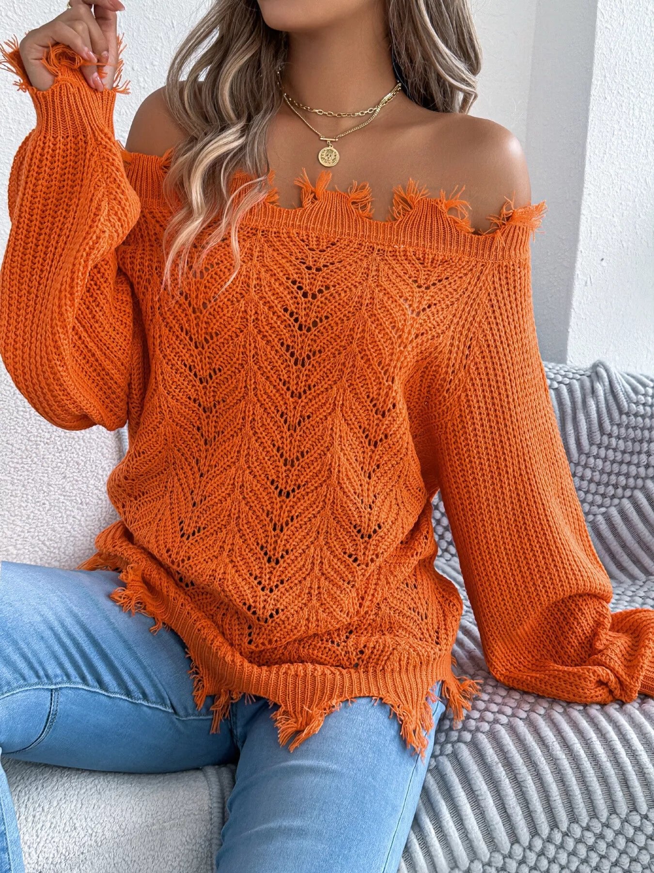 Distressed Hem Openwork Off - Shoulder Sweater - MAD RUFFI