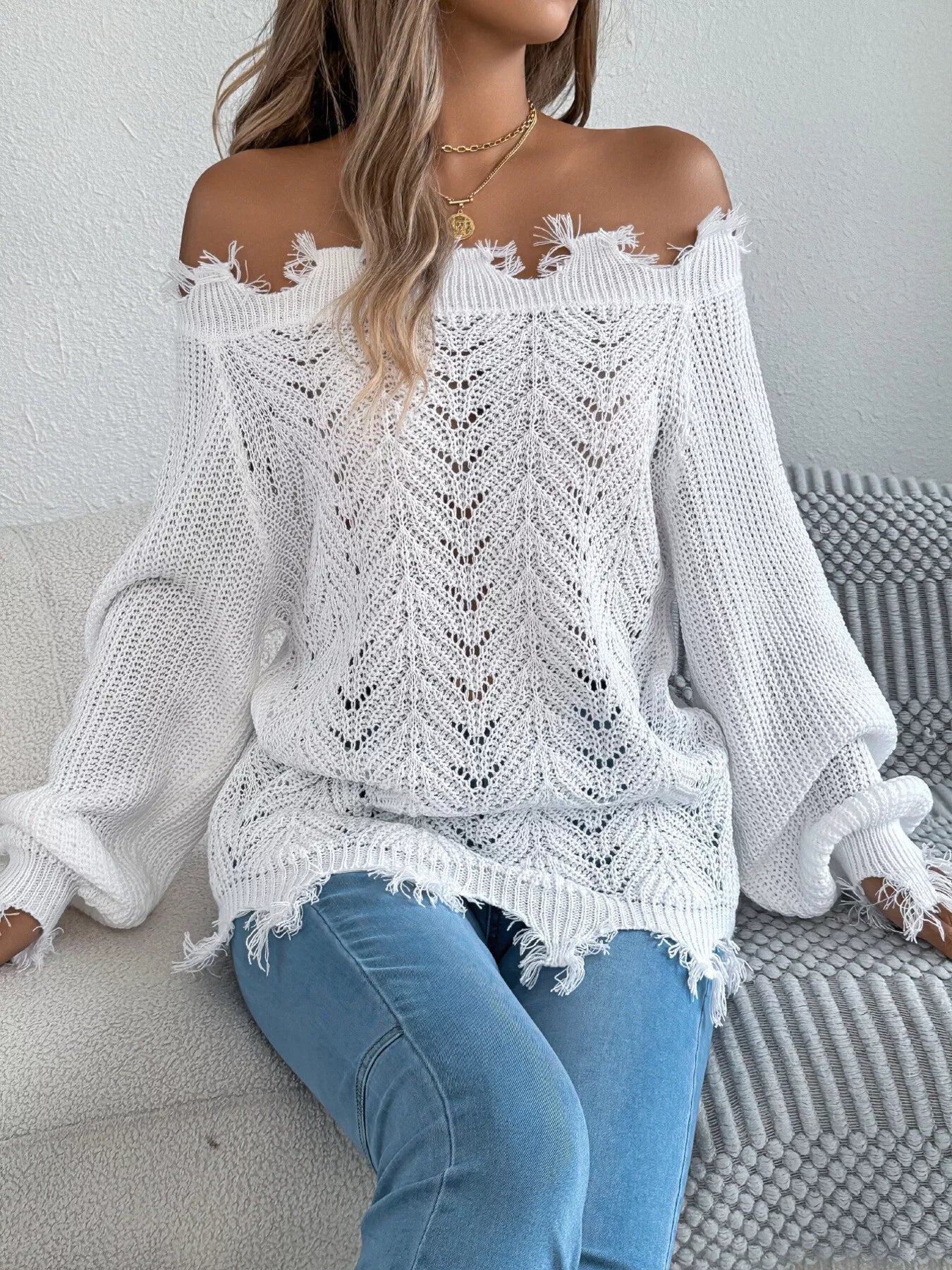 Distressed Hem Openwork Off - Shoulder Sweater - MAD RUFFI