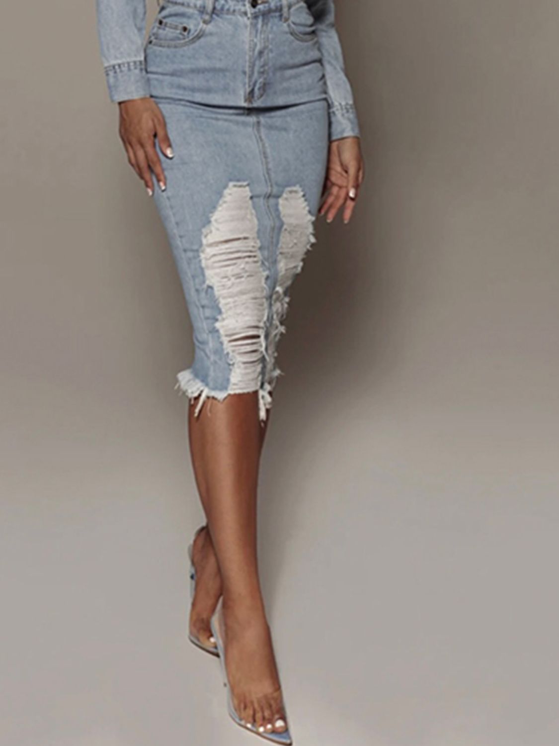 Distressed Slit Denim Skirt - MAD RUFFI