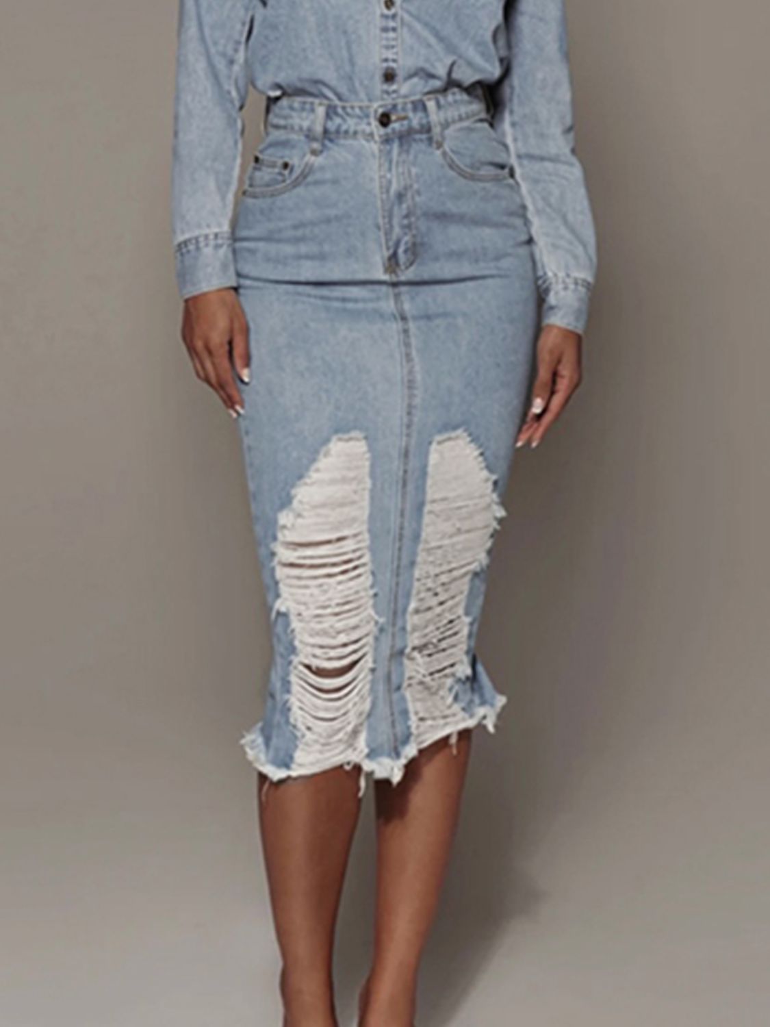 Distressed Slit Denim Skirt - MAD RUFFI