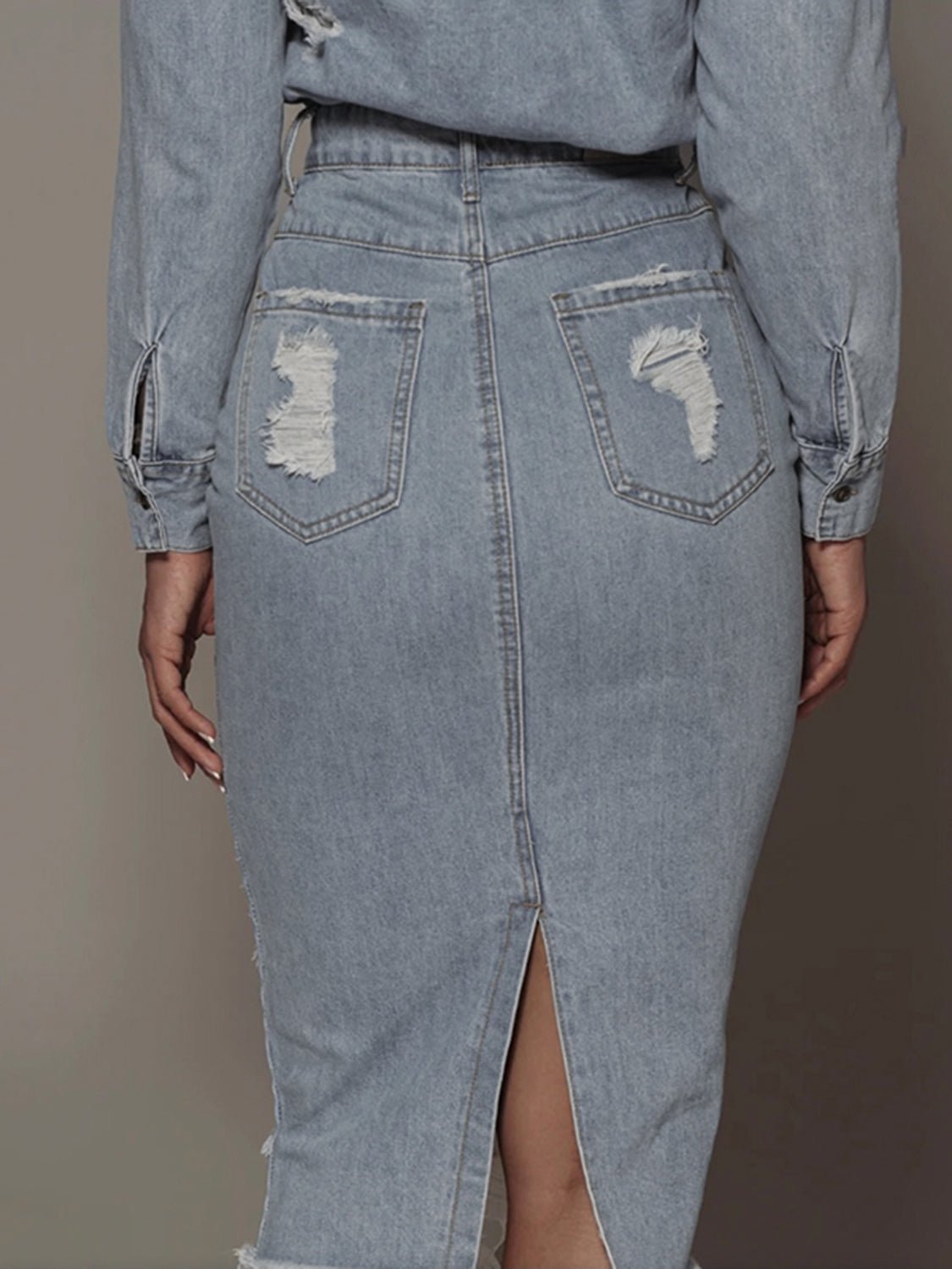 Distressed Slit Denim Skirt - MAD RUFFI