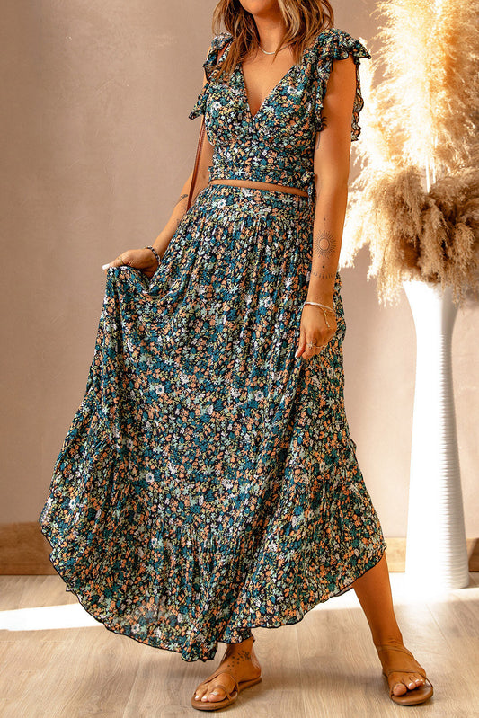 Ditsy Floral Print Ruffled Crop Top & Flounce Hem Maxi Skirt Set - MAD RUFFI