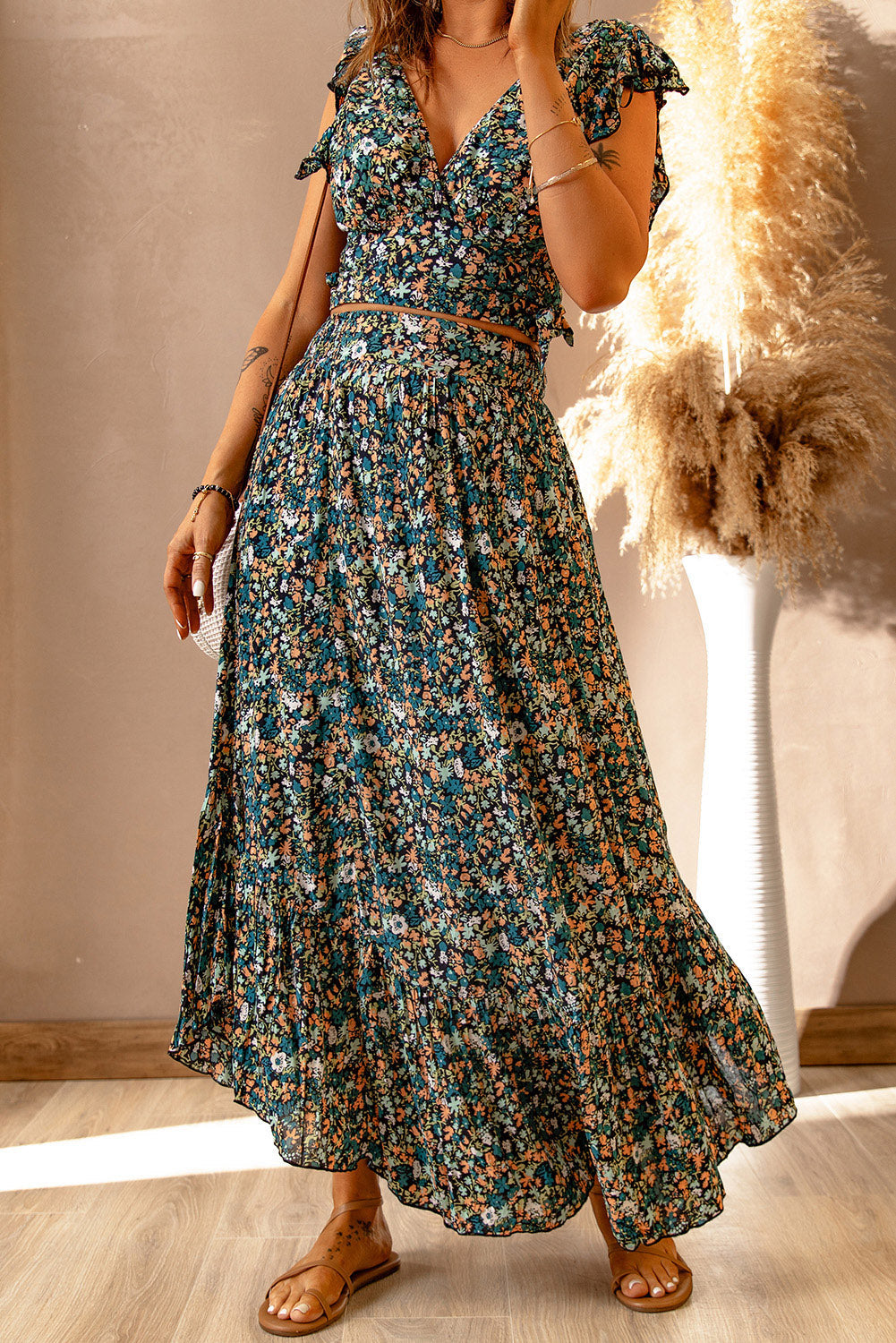 Ditsy Floral Print Ruffled Crop Top & Flounce Hem Maxi Skirt Set - MAD RUFFI