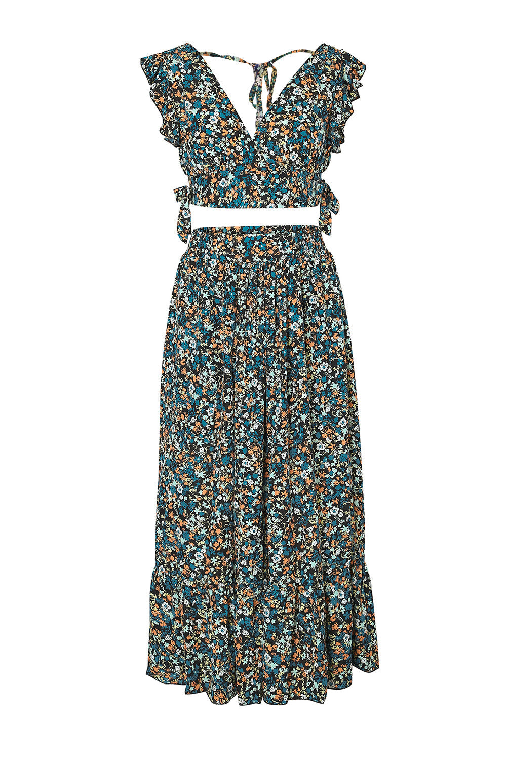 Ditsy Floral Print Ruffled Crop Top & Flounce Hem Maxi Skirt Set - MAD RUFFI