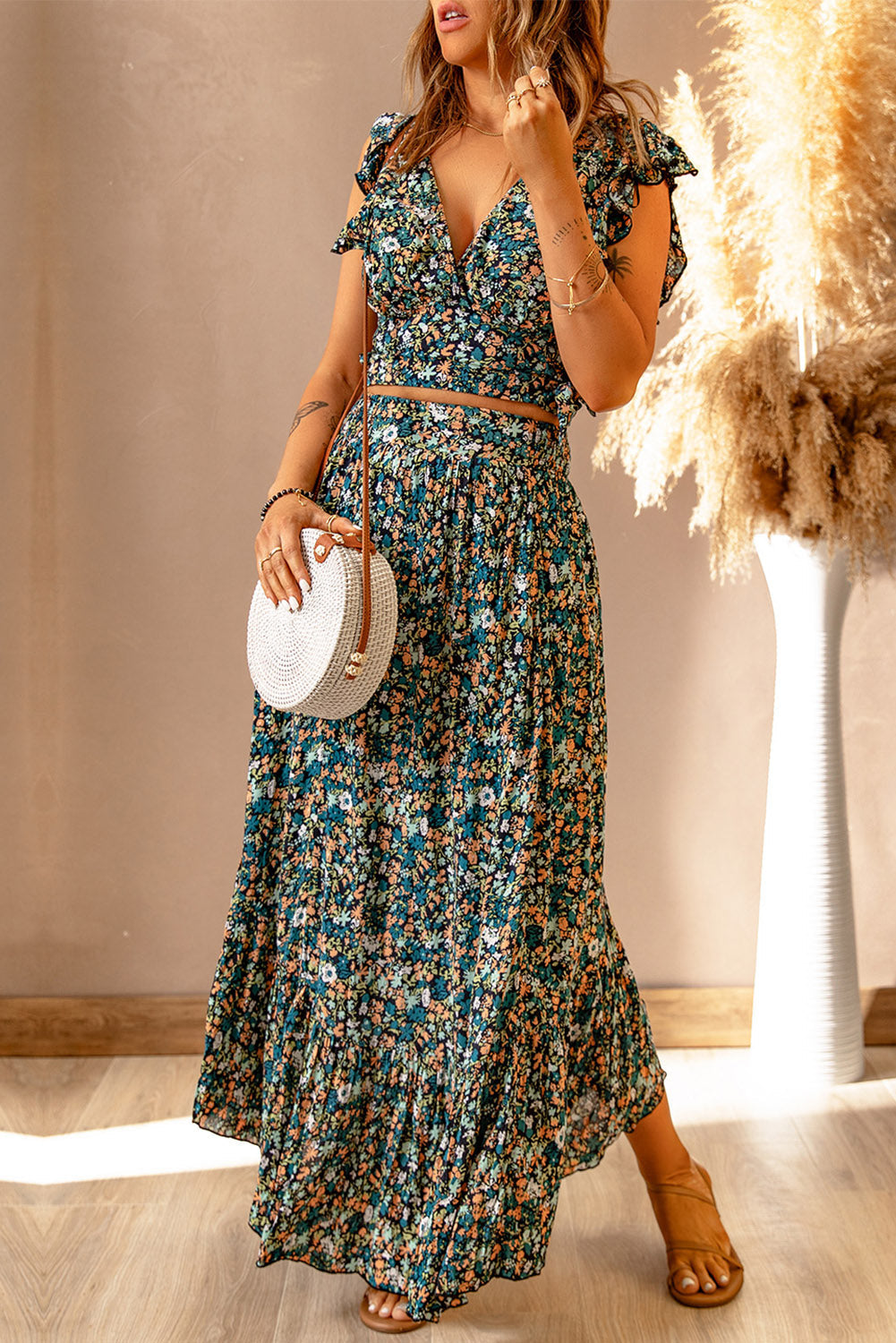 Ditsy Floral Print Ruffled Crop Top & Flounce Hem Maxi Skirt Set - MAD RUFFI