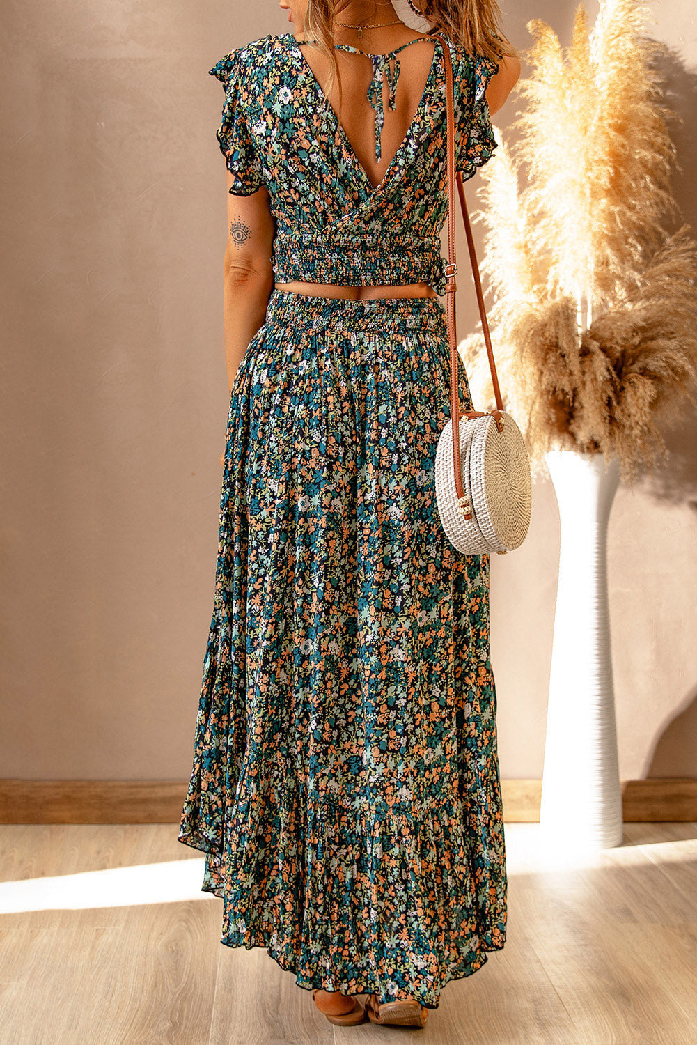 Ditsy Floral Print Ruffled Crop Top & Flounce Hem Maxi Skirt Set - MAD RUFFI