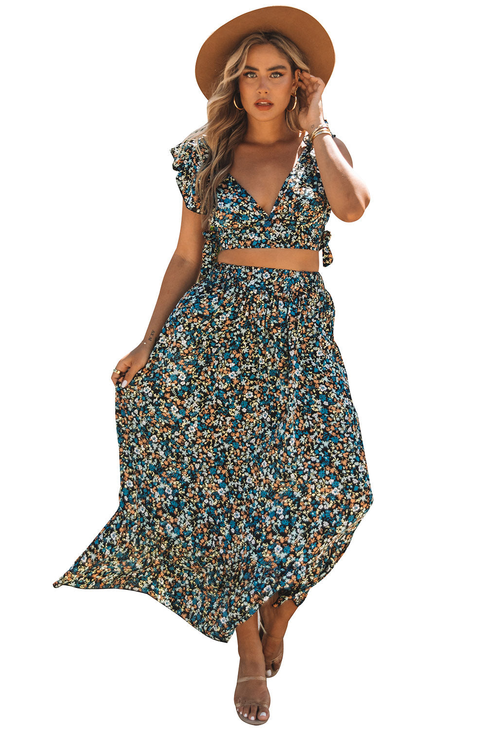 Ditsy Floral Print Ruffled Crop Top & Flounce Hem Maxi Skirt Set - MAD RUFFI