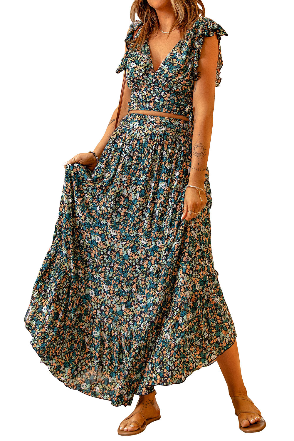 Ditsy Floral Print Ruffled Crop Top & Flounce Hem Maxi Skirt Set - MAD RUFFI