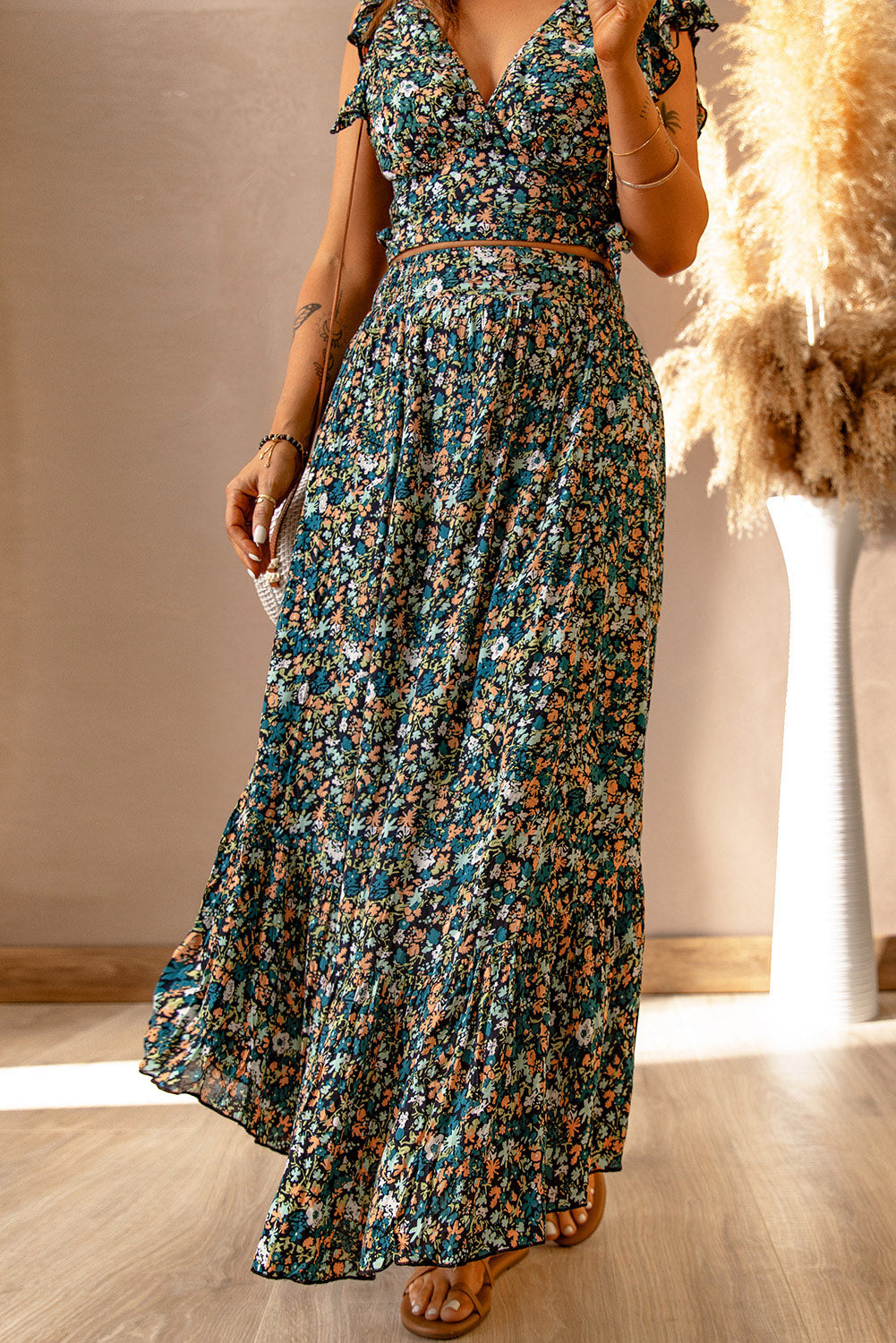 Ditsy Floral Print Ruffled Crop Top & Flounce Hem Maxi Skirt Set - MAD RUFFI