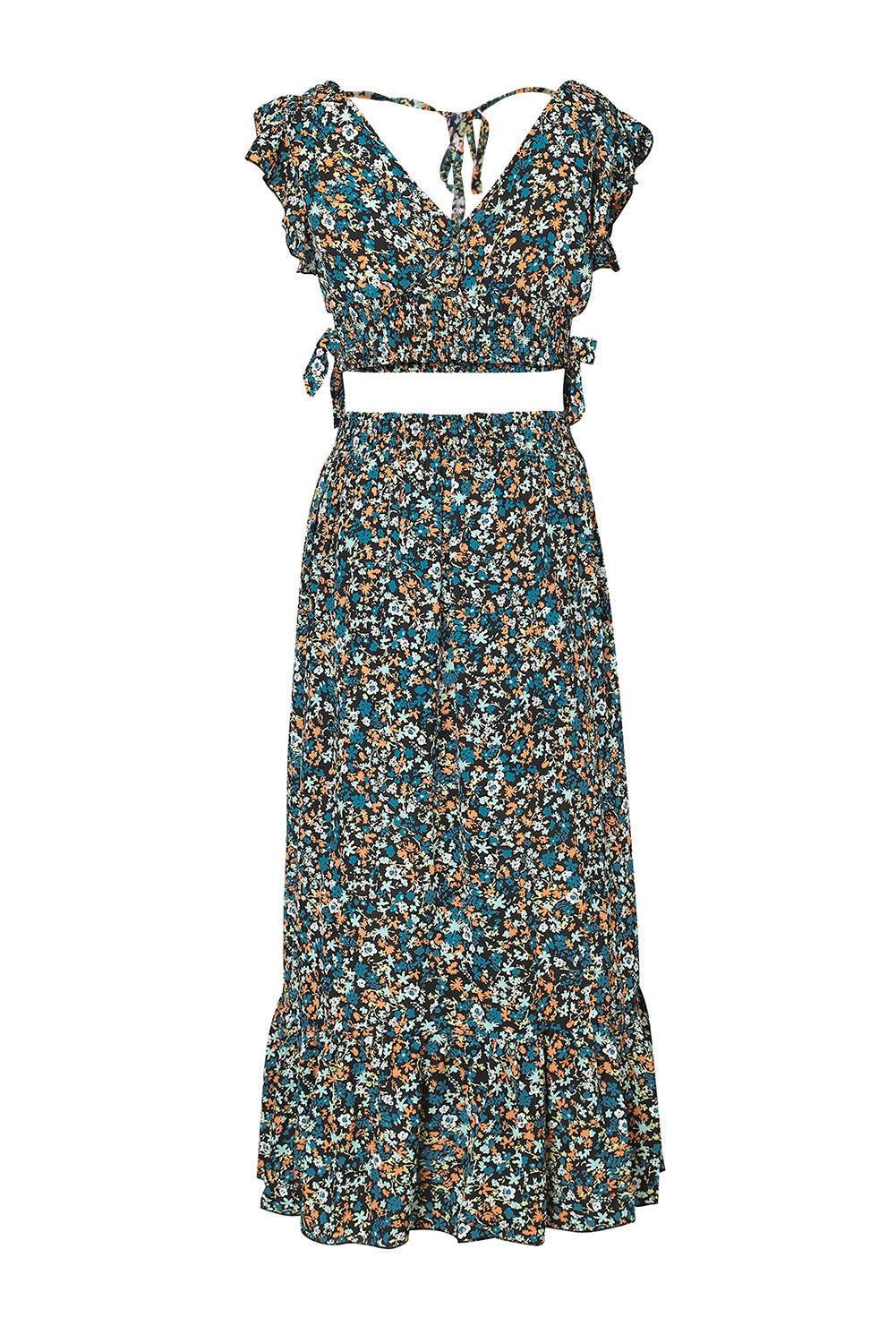 Ditsy Floral Print Ruffled Crop Top & Flounce Hem Maxi Skirt Set - MAD RUFFI