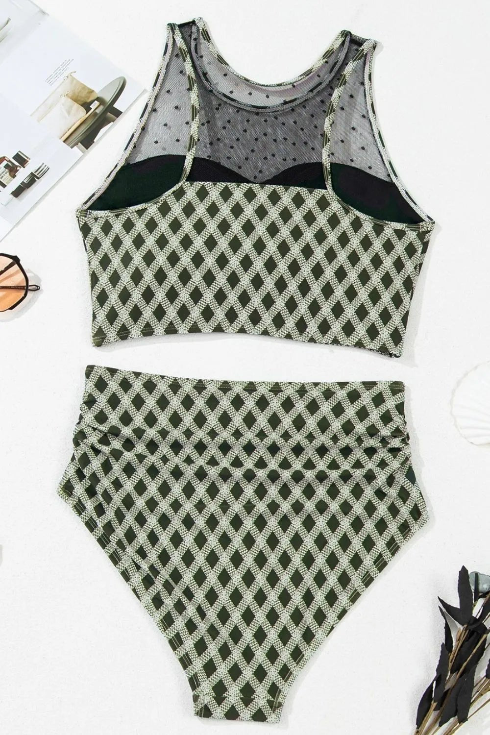 Dotted Mesh Plaid Patchwork High Waisted Swim Set - MAD RUFFI
