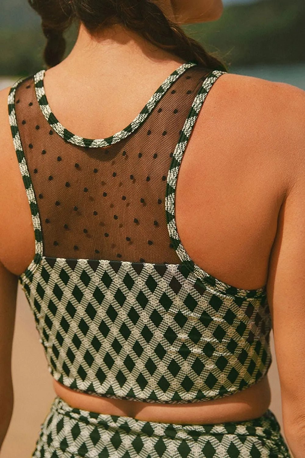 Dotted Mesh Plaid Patchwork High Waisted Swim Set - MAD RUFFI