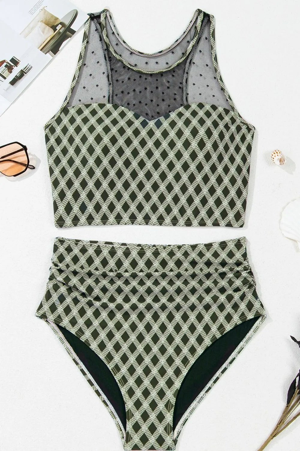 Dotted Mesh Plaid Patchwork High Waisted Swim Set - MAD RUFFI