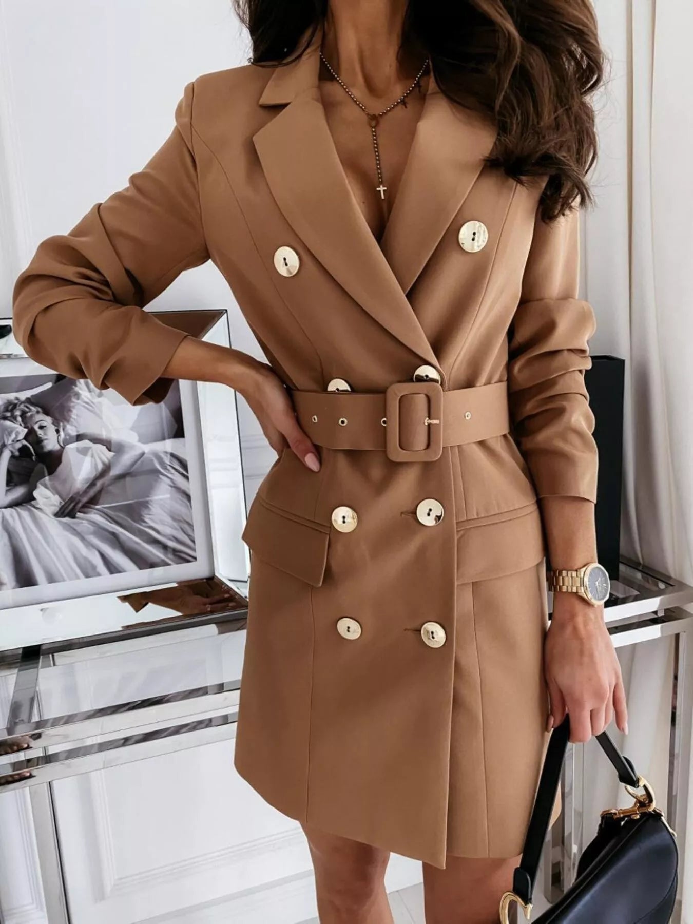 Double - Breasted Belted Blazer Dress - MAD RUFFI
