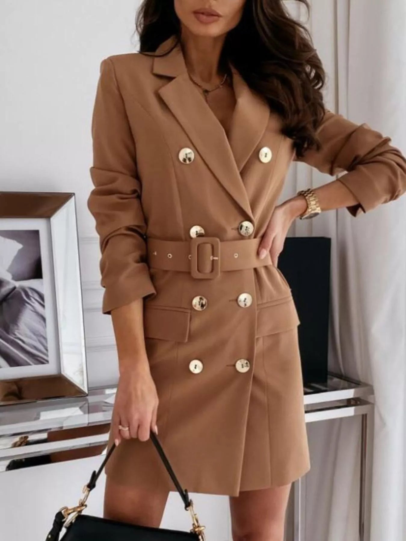 Double - Breasted Belted Blazer Dress - MAD RUFFI