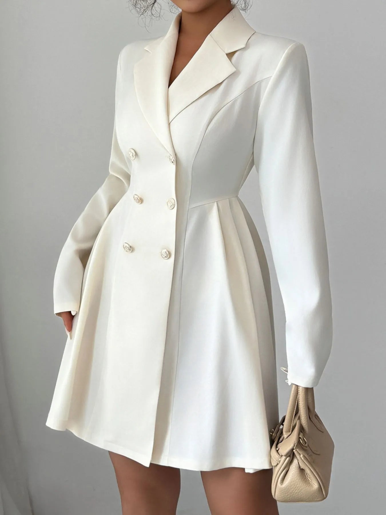Double - Breasted Blazer Dress with Pleated Detail - MAD RUFFI