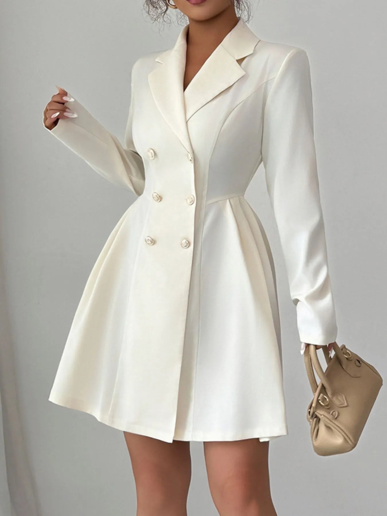 Double - Breasted Blazer Dress with Pleated Detail - MAD RUFFI