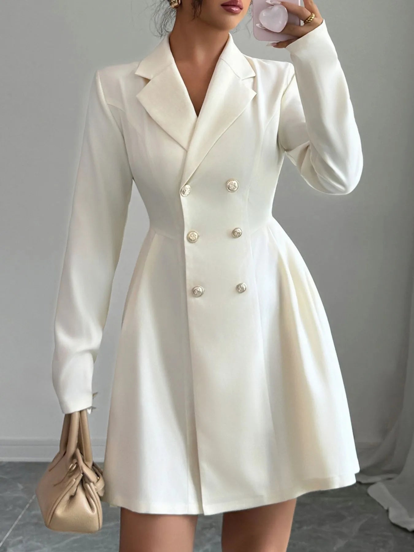 Double - Breasted Blazer Dress with Pleated Detail - MAD RUFFI