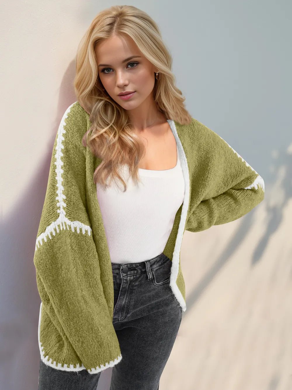 Double Take Contrast Open Front Dropped Shoulder Cardigan - MAD RUFFI