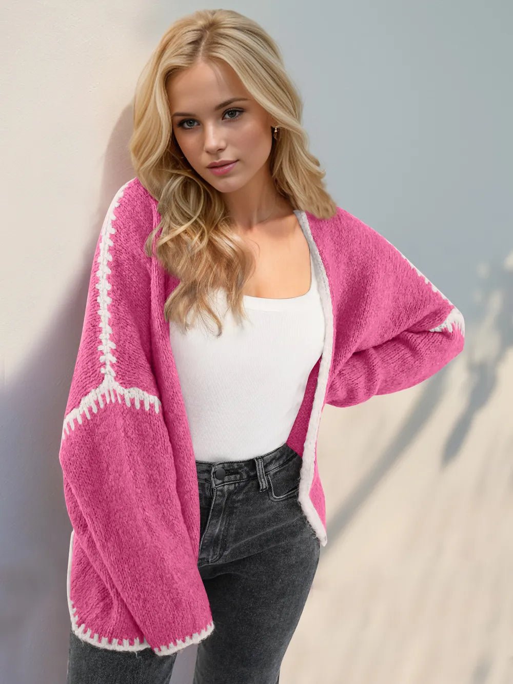 Double Take Contrast Open Front Dropped Shoulder Cardigan - MAD RUFFI