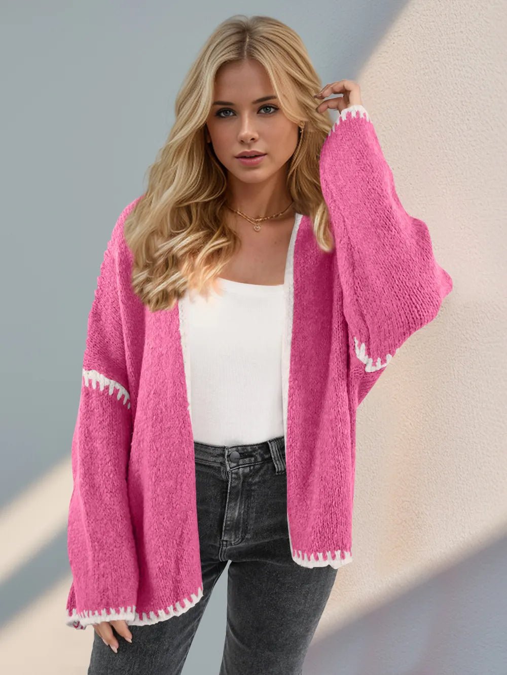 Double Take Contrast Open Front Dropped Shoulder Cardigan - MAD RUFFI